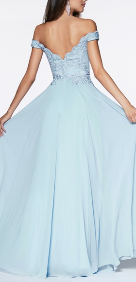 black, champagne, pink, blue, purple off shoulder lace flowy chiffon skirt gown - Picture 2 of 10